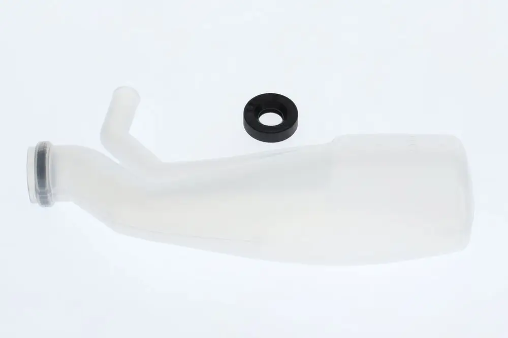 Transparenter Siphon von Bosch mit abgewinkeltem Auslass und Gummidichtung. Neben dem Siphon befindet sich eine schwarze Dichtung.